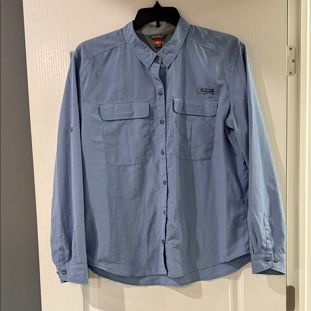 Women’s Eddie Bauer Blue White Gingham Button-Up Shirt‎ Size TXL tall